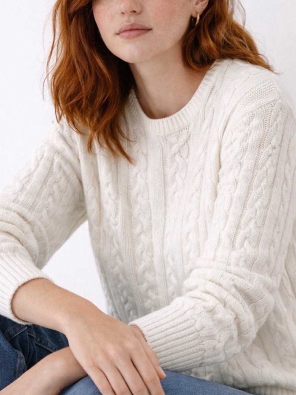 Benetton Classic Cable Knit Crewneck Sweater - Cream